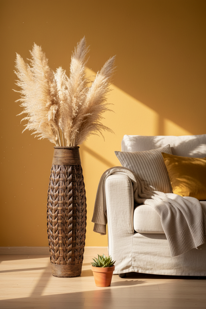 Woven Floor Vase | Bamboo & Straw Rope | Large Statement Decor