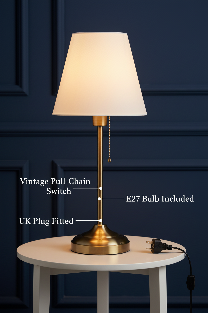 Fabric Table Lamp | Antique Brass | Pull-Switch Bedside Light