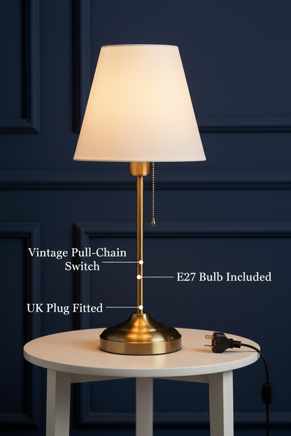 Fabric Table Lamp | Antique Brass | Pull-Switch Bedside Light