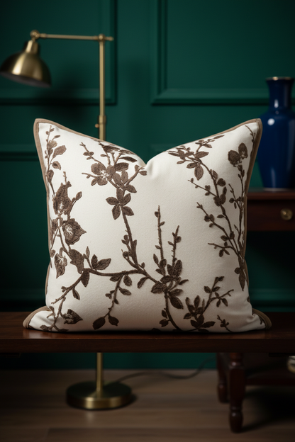 Luxury Cushion Cover | Botanical Branch Embroidery | Maillard Brown