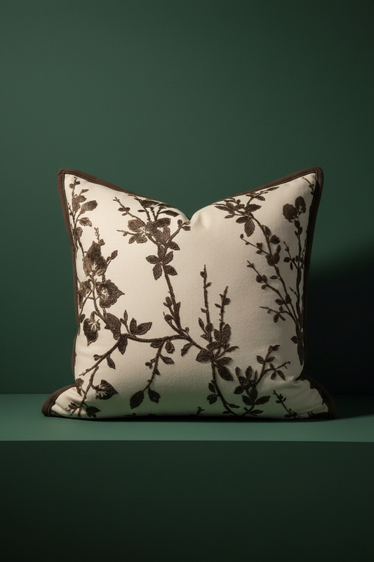 Luxury Cushion Cover | Botanical Branch Embroidery | Maillard Brown