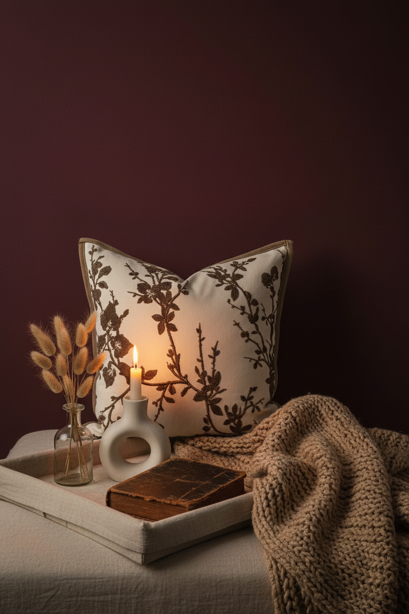 Luxury Cushion Cover | Botanical Branch Embroidery | Maillard Brown