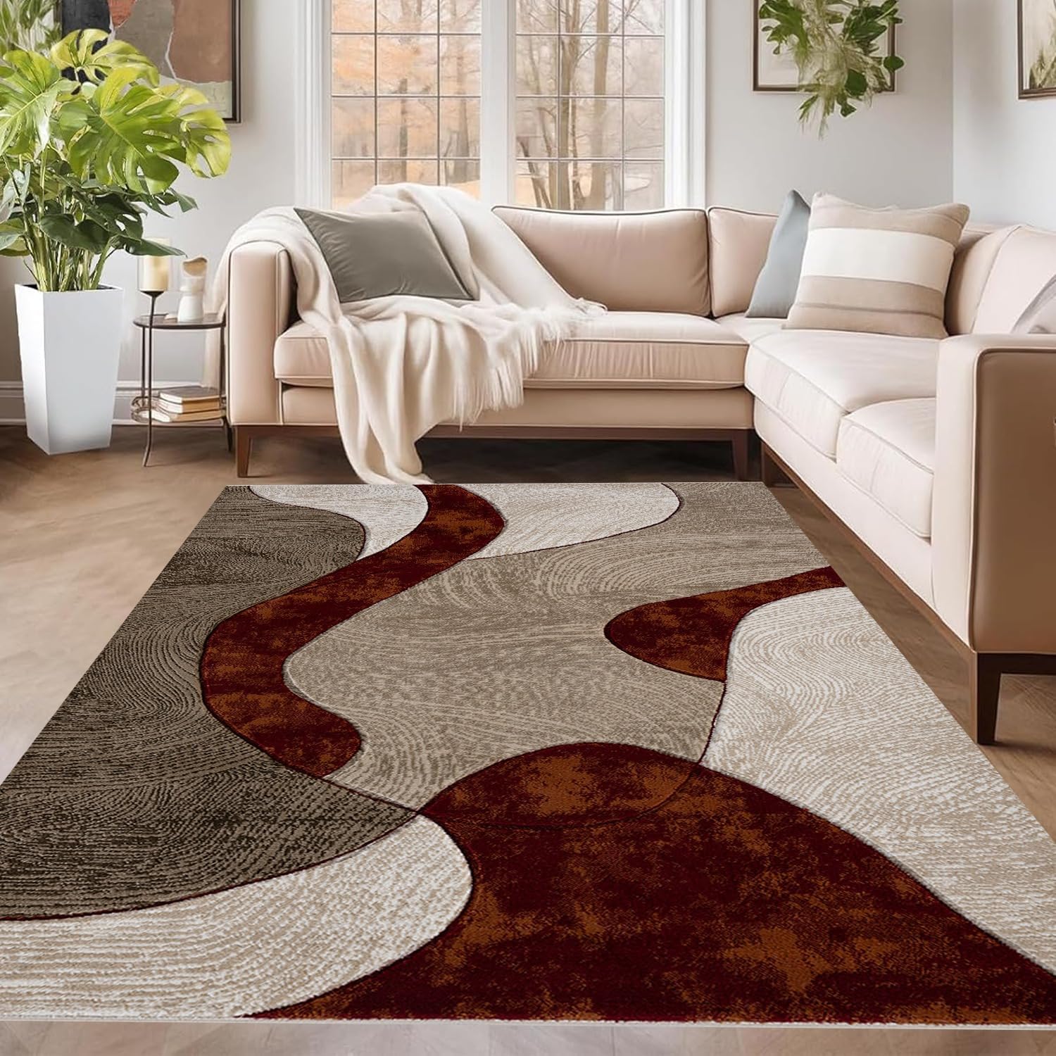 Abstract Wave Area Rug | Super Soft Shaggy Carpet | Rust, Cream & Charcoal | Living Room, Bedroom & Hallway