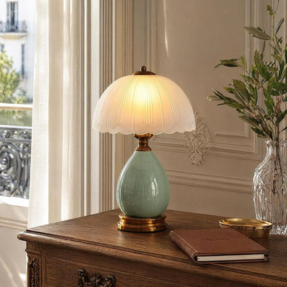 Scalloped Dome Table Lamp | Ceramic Base & Brass Fittings | Vintage Bedside Lamp | 3-Level Dimmer