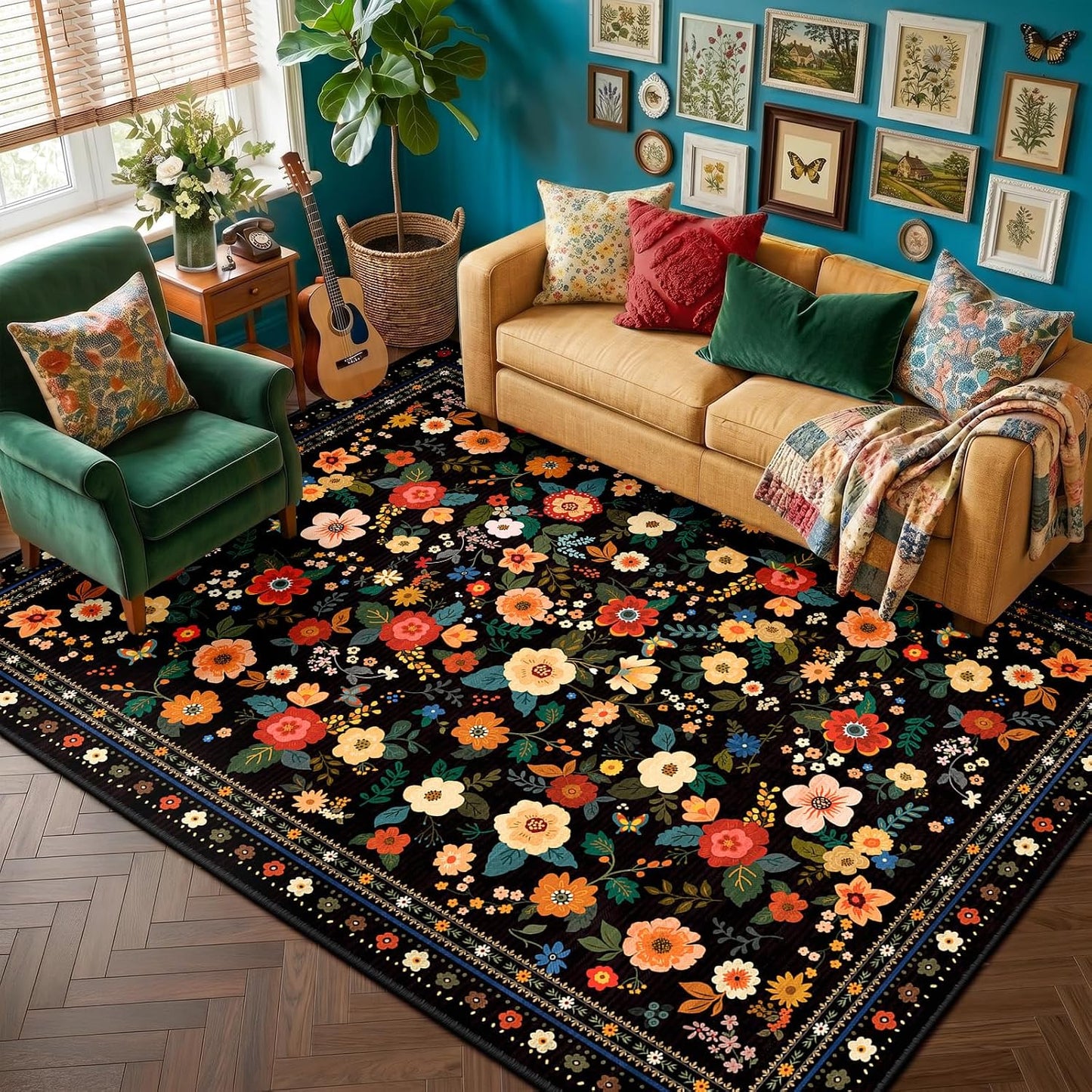 Black Floral Area Rug 180x270 cm | Large Washable Vintage Boho Rug | Non-Slip, Non-Shedding, Pet-Friendly