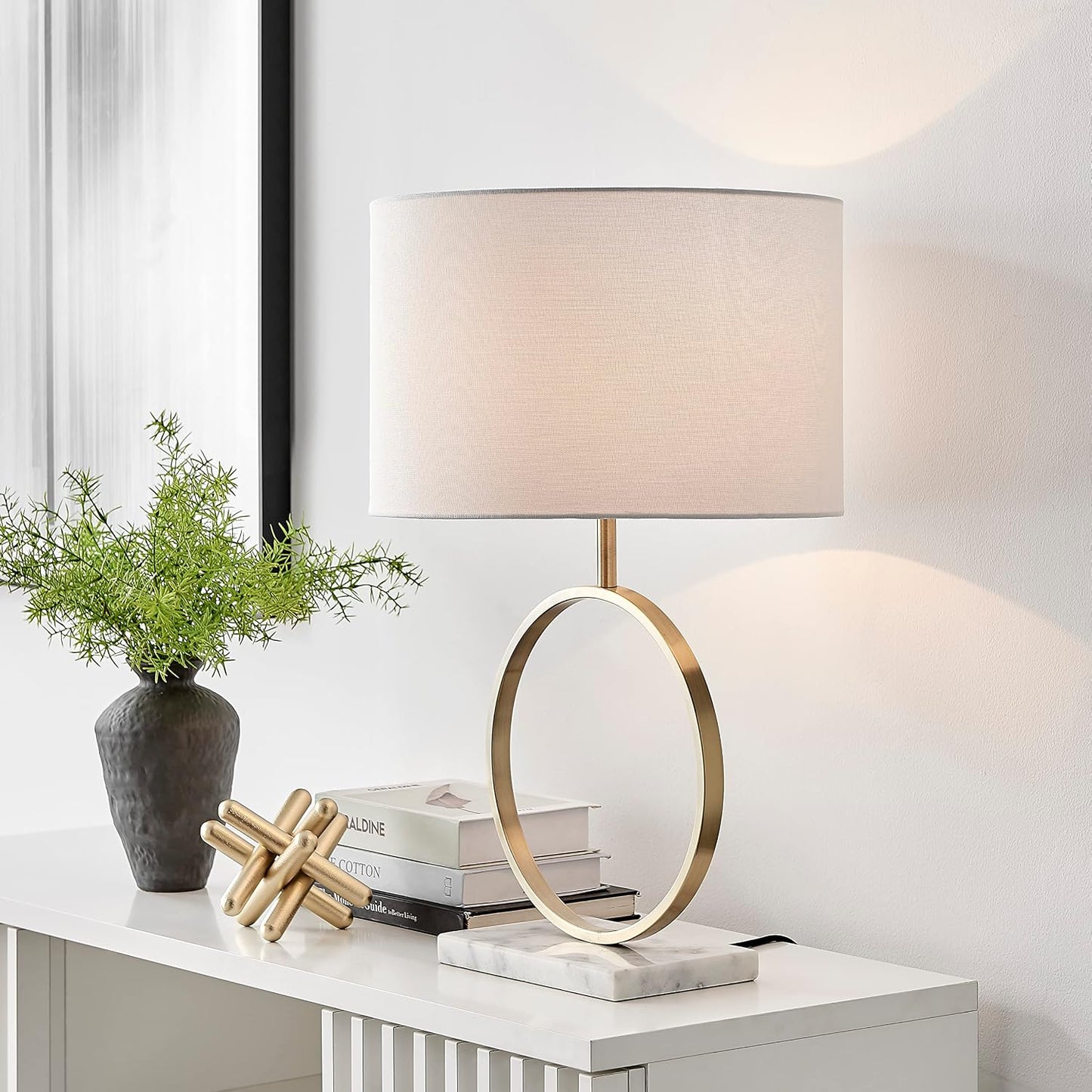Saffron Halo Table Lamp | Gold Metal Ring Stand, White Marble Base & Cream Fabric Shade