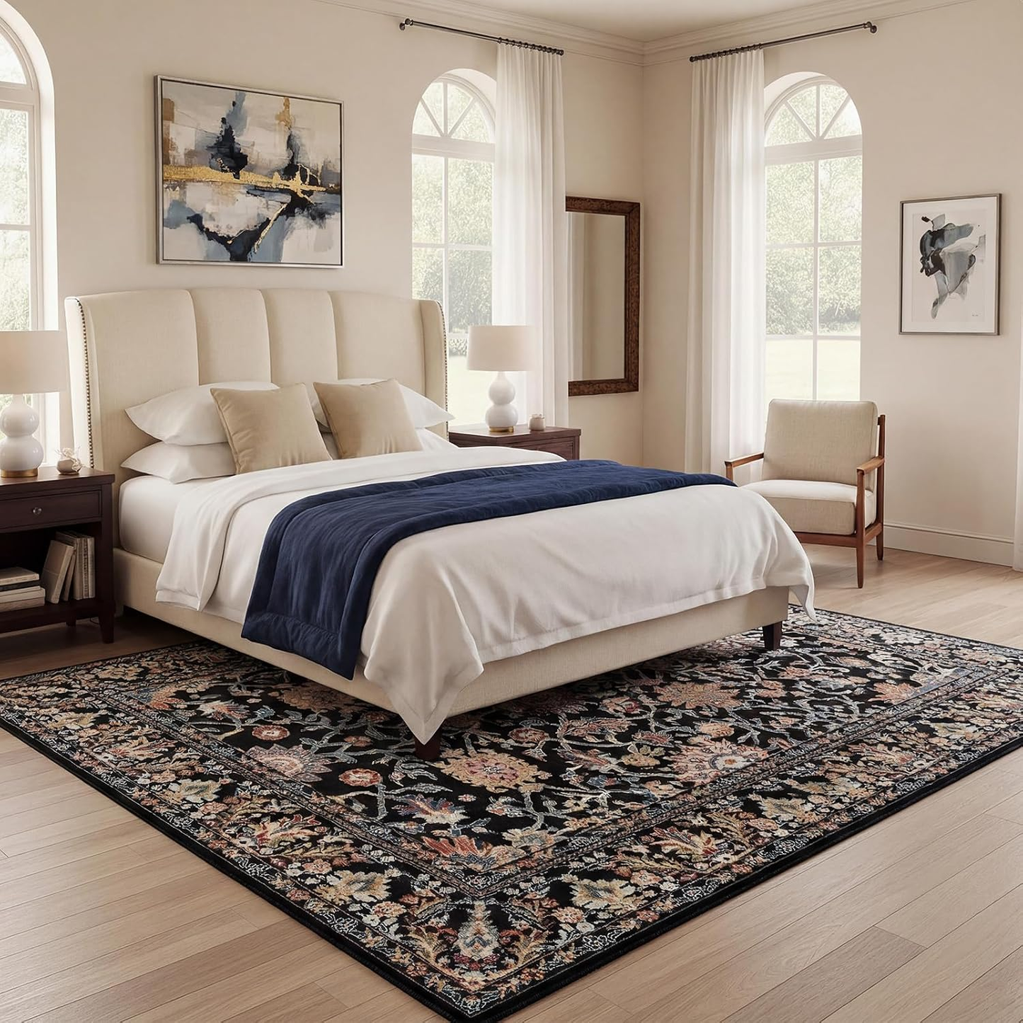 Persian Floral Area Rug | Vintage Medallion Design | Black Multi