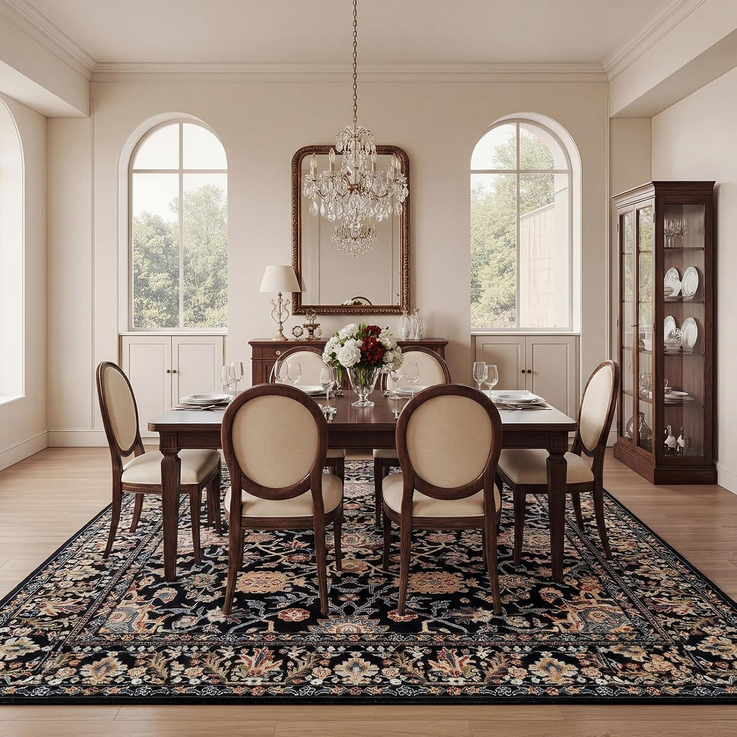 Persian Floral Area Rug | Vintage Medallion Design | Black Multi