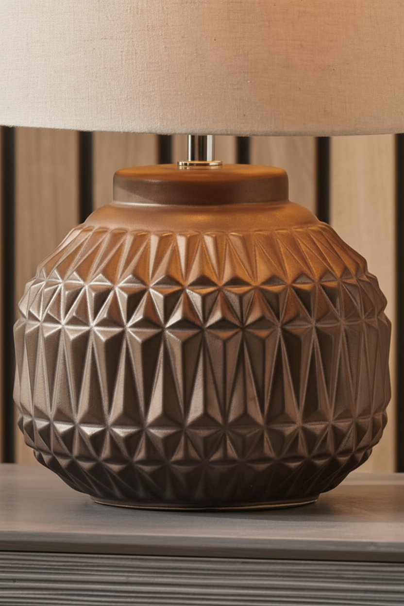 Aztec Ceramic Table Lamp | Bronze Textured Base | Boho Bedside & Living Room Lamp