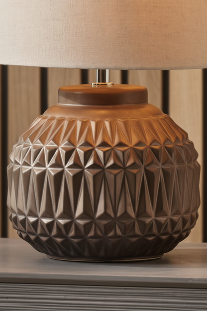 Aztec Ceramic Table Lamp | Bronze Textured Base | Boho Bedside & Living Room Lamp