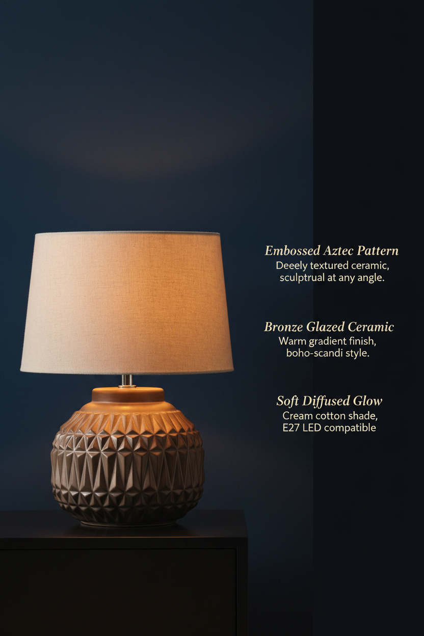 Aztec Ceramic Table Lamp | Bronze Textured Base | Boho Bedside & Living Room Lamp