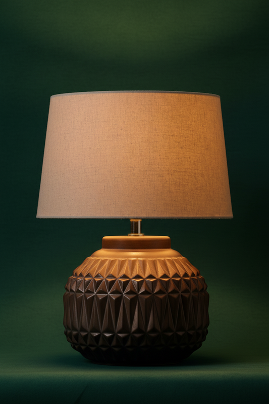 Aztec Ceramic Table Lamp | Bronze Textured Base | Boho Bedside & Living Room Lamp