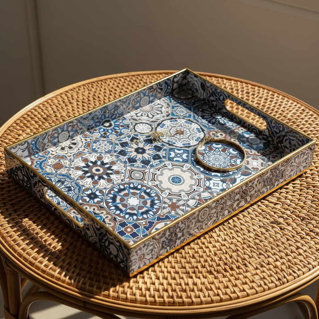 Decorative Tray with Handles | Patterned Plastic Serving Tray | 40 x 30 cm