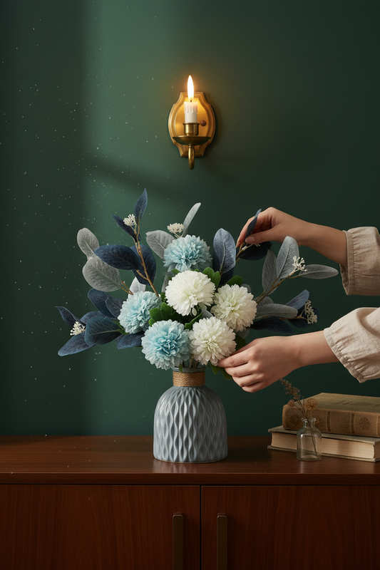 Hands arranging hydrangeas