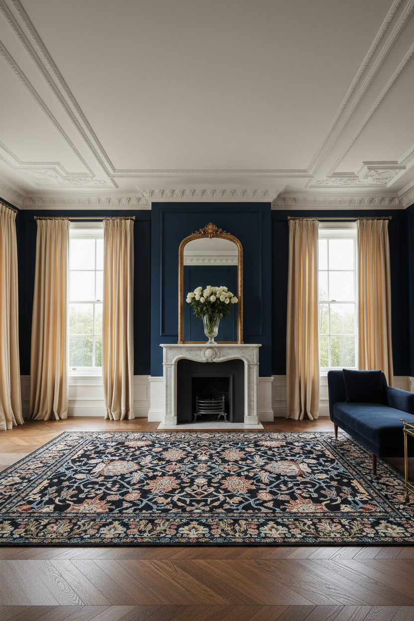 Persian Floral Area Rug | Vintage Medallion Design | Black Multi