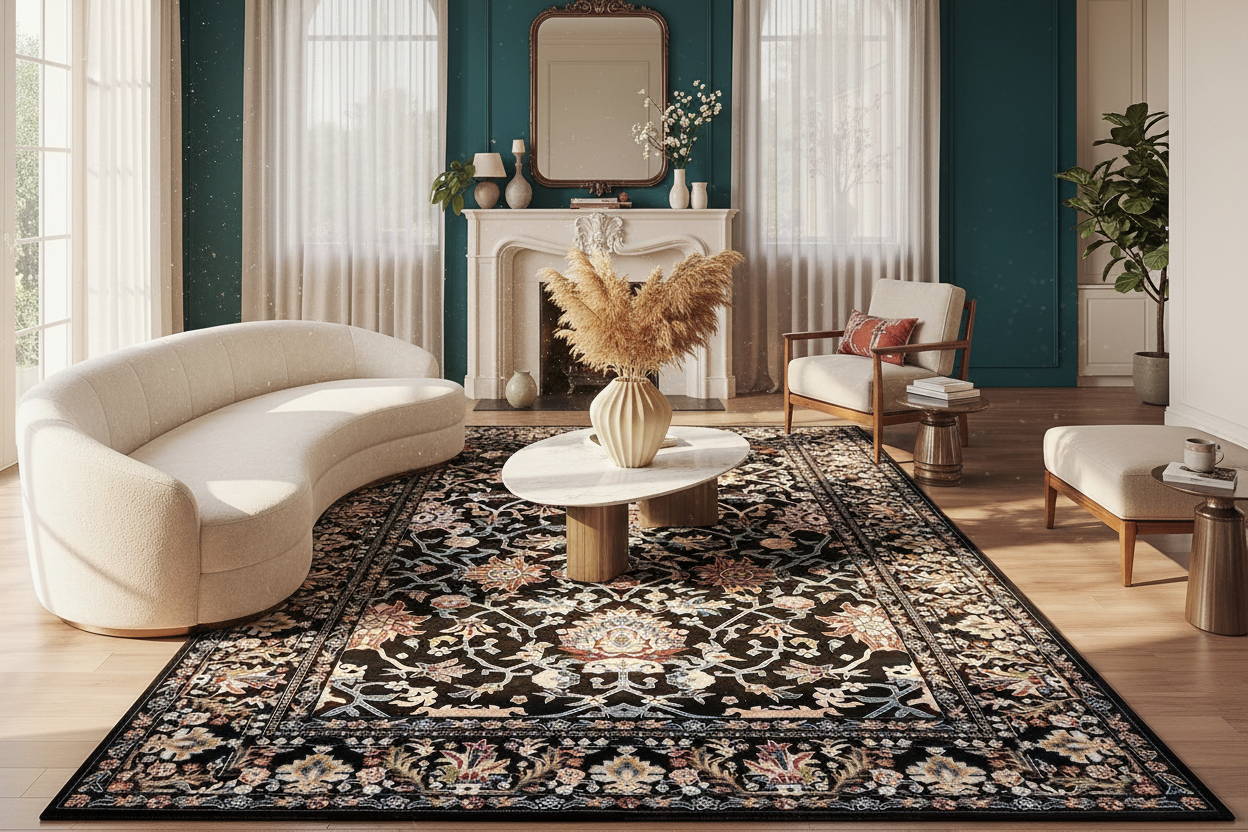 Persian Floral Area Rug | Vintage Medallion Design | Black Multi