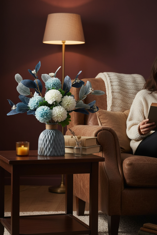 Person reading with hydrangeas