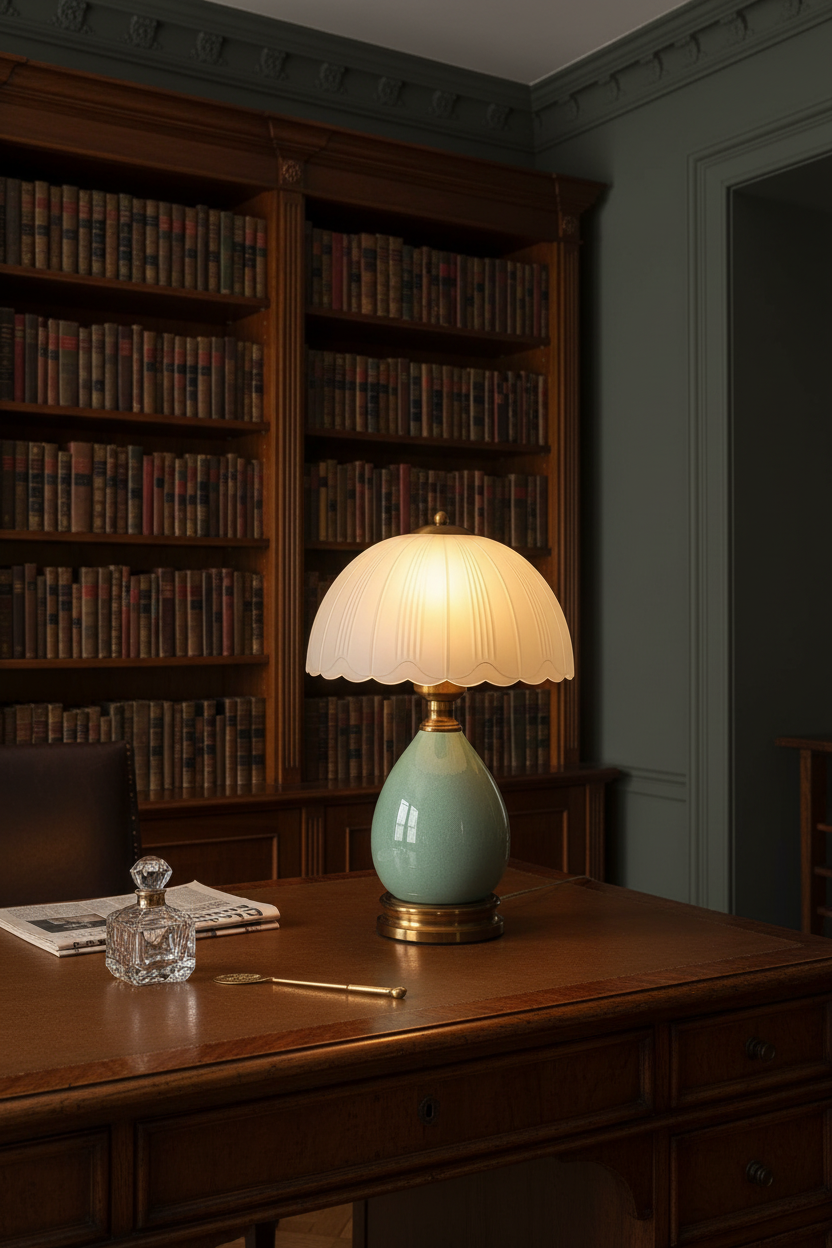 Scalloped Dome Table Lamp | Ceramic Base & Brass Fittings | Vintage Bedside Lamp | 3-Level Dimmer