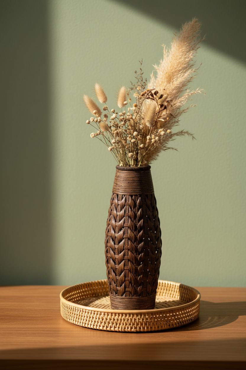 Woven Floor Vase | Bamboo & Straw Rope | Large Statement Decor