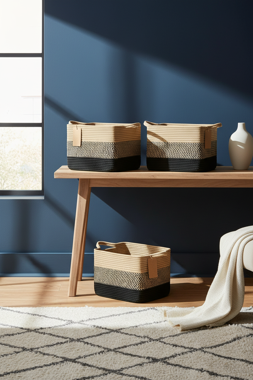 Cotton Rope Storage Basket with Handles | Woven Shelf Basket for Home Organisation