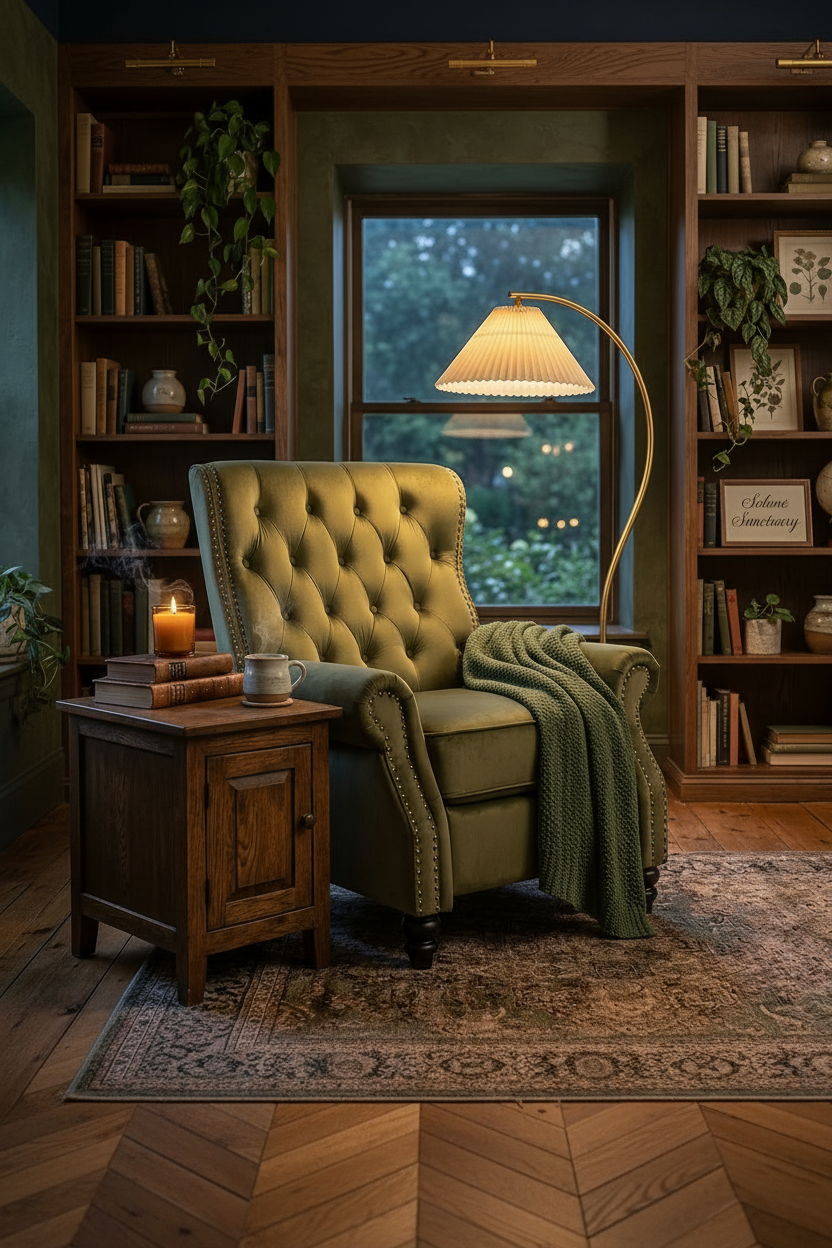 Tufted Green Velvet Recliner — Portrait
